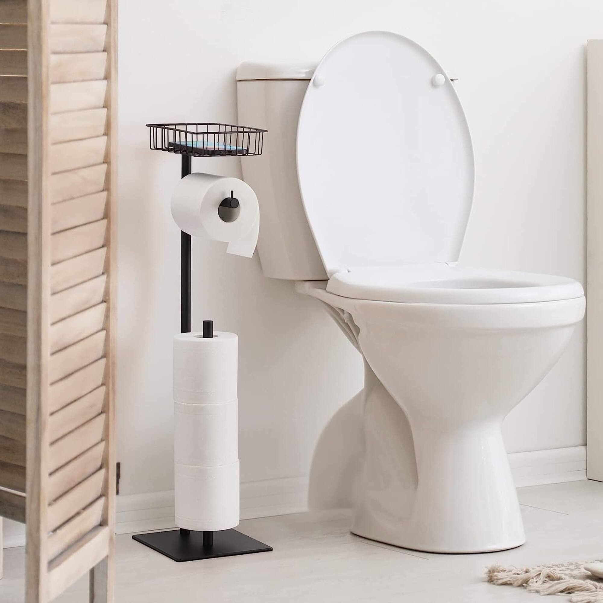 Black Freestanding Toilet Paper Holder Stand with Basket